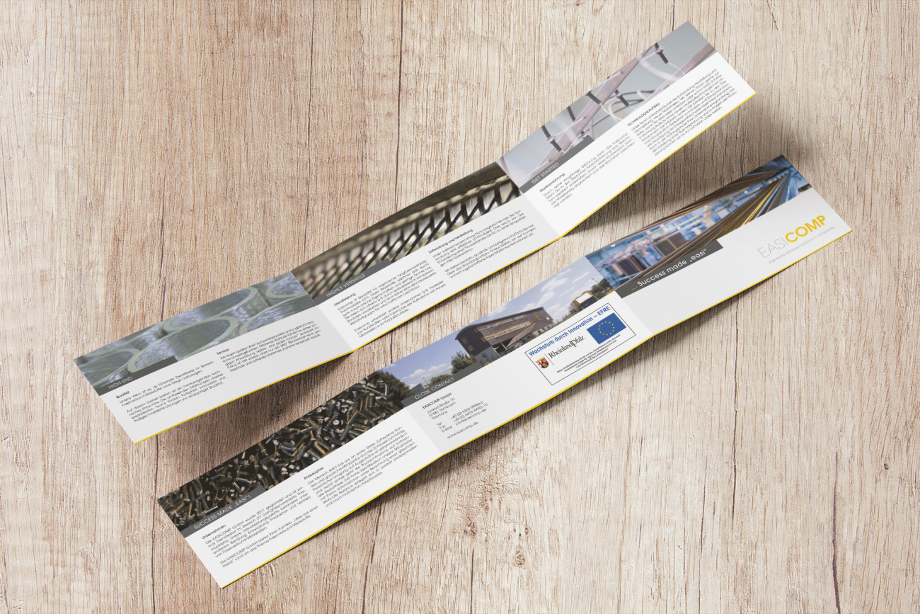 DIN-Lang Wickelfalz-Flyer im Querformat. Vorder- und Rückseite des Imageflyers für die EASICOMP GmbH aus Sembach bei Kaiserslautern.