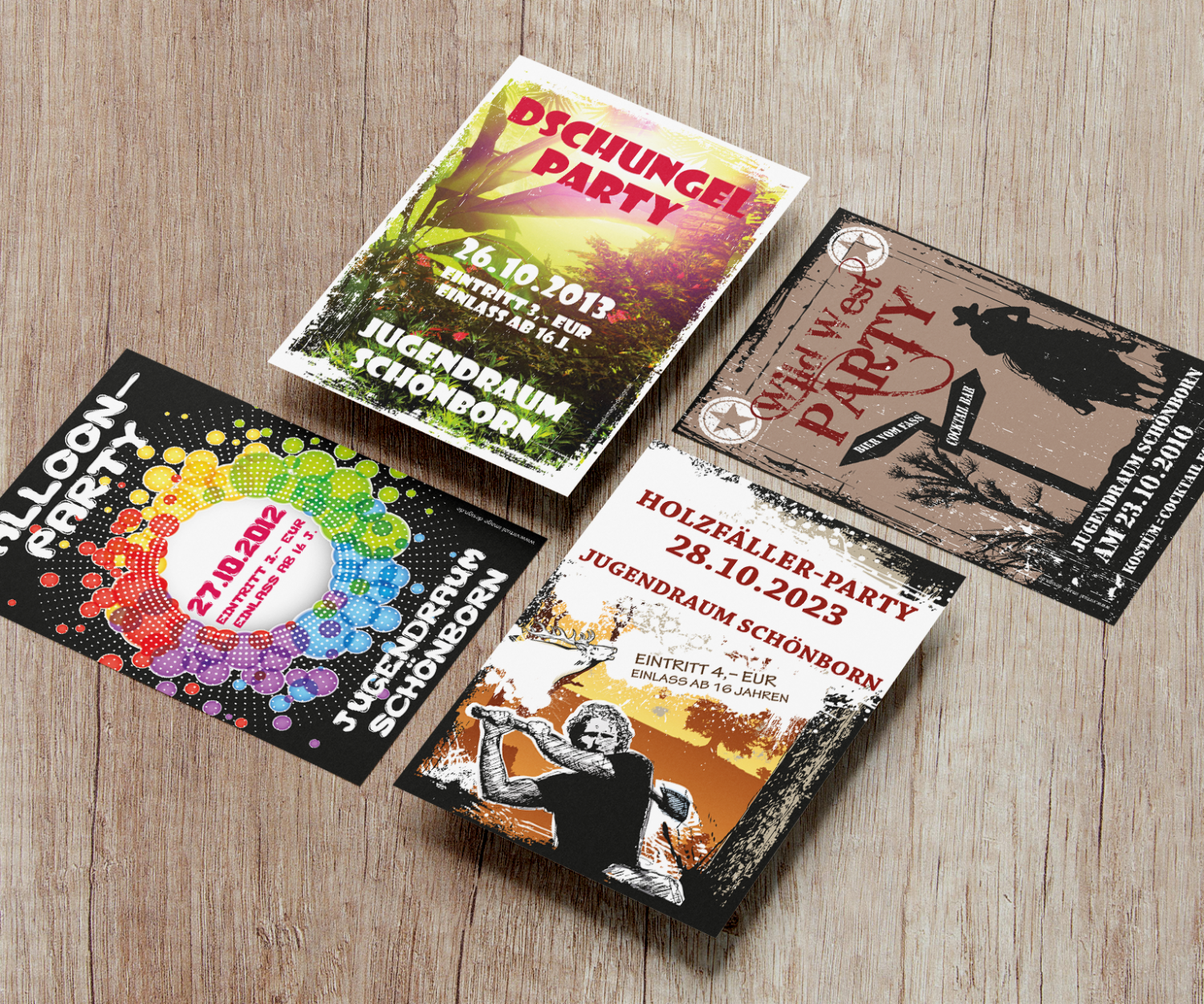 Grafische Partyfler für die Motto-Partys des Jugendraum Schönborns im Hunsrück. Hier jeweils einen Flyer für eine Wild West Party, Dschungel Party, Balloon-Pary und Holzfäller-Party.