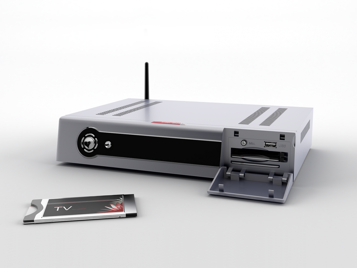 3D-Visualisierung einer Set-Top-Box mit geöffneter Klappe für Inter-Box.tv. Die Fächer für die Tunerkarten sind hinter der Klappe zu sehen.