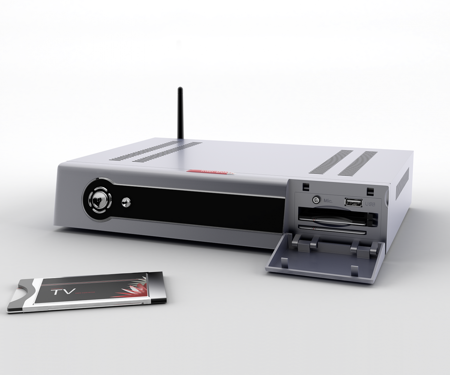 3D-Visualisierung einer Set-Top-Box mit geöffneter Klappe für Inter-Box.tv. Die Fächer für die Tunerkarten sind hinter der Klappe zu sehen.