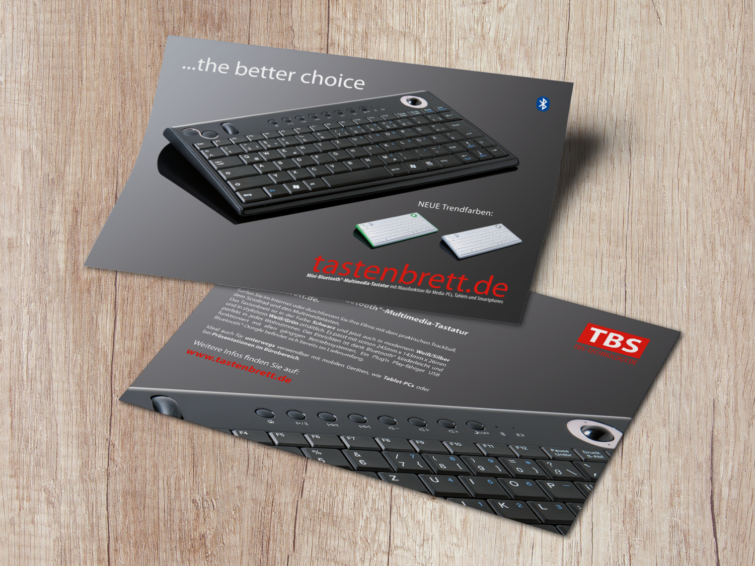 Ein Flyer für die Multimedia-Tastaturen des Unternehmens "Tastenbrett.de". Zu sehen ist die Vorderseite und die Rückseite des A5-Werbeflyers.