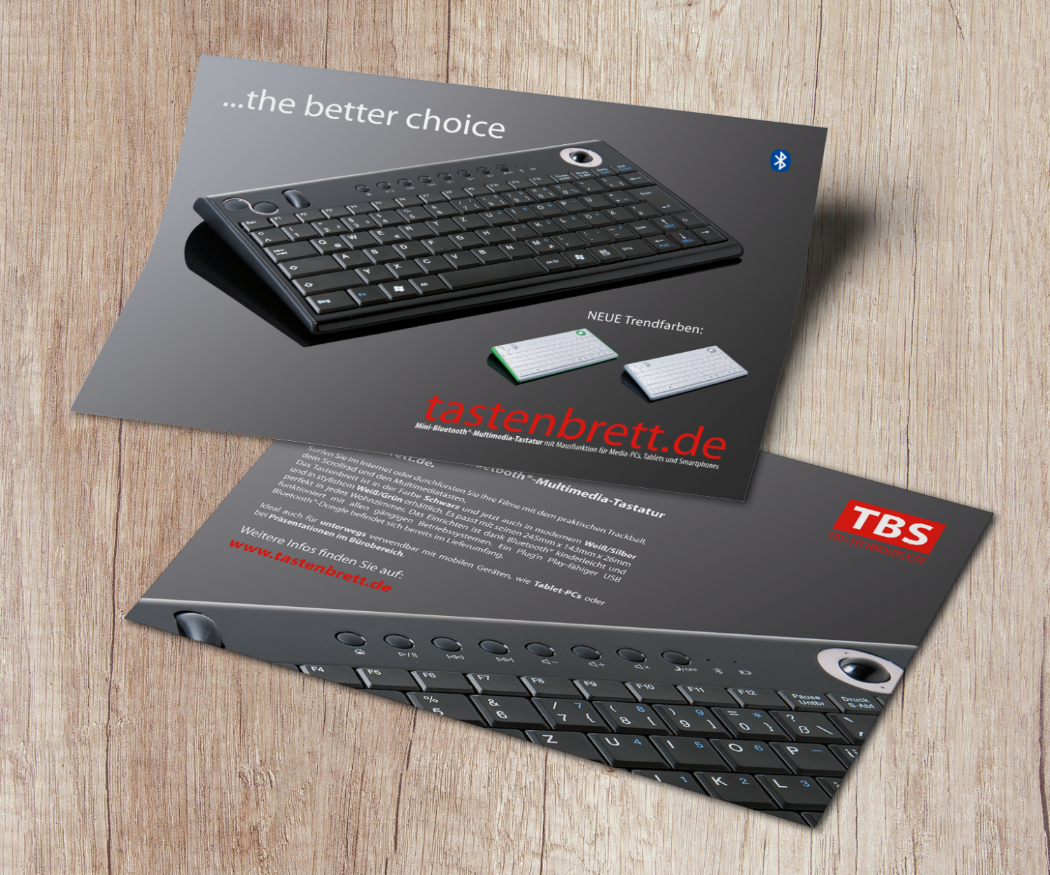 Ein Flyer für die Multimedia-Tastaturen des Unternehmens "Tastenbrett.de". Zu sehen ist die Vorderseite und die Rückseite des A5-Werbeflyers.