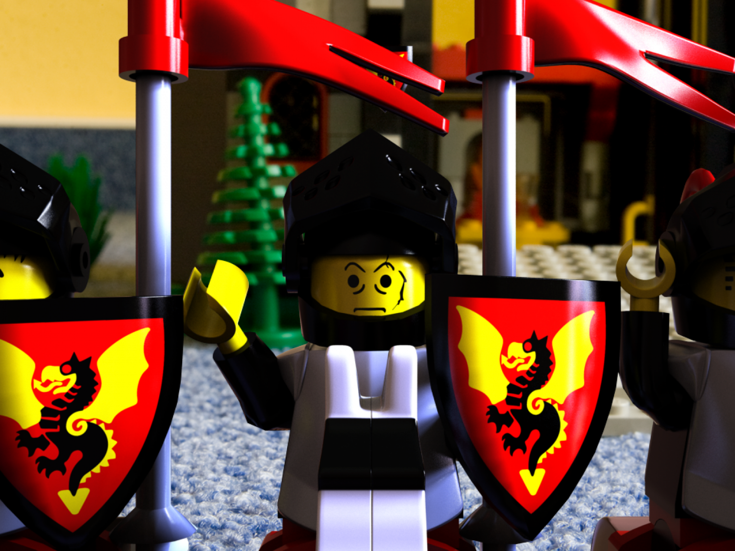 Legoritter machen sich bereit für den Ritt in die Schlacht. Sie klappen ihre Visiere runter.