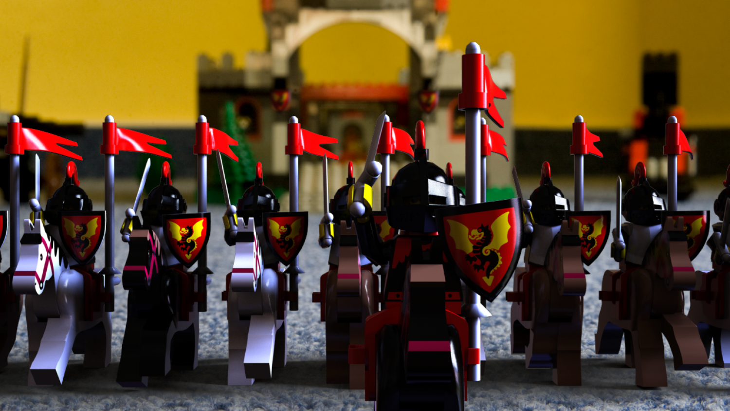 Frontalansicht, Legoritter reiten in die Schlacht.