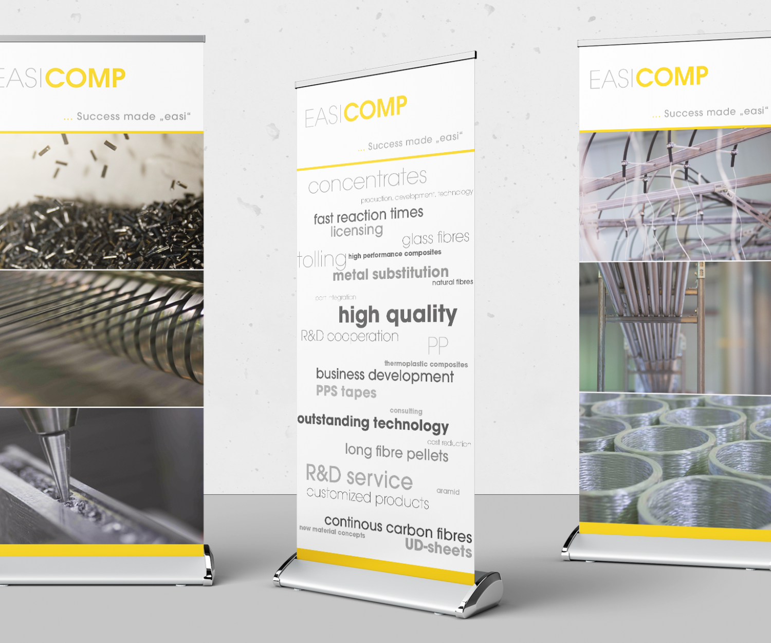 Drei aufgestellte RollUps für die EASICOMP GmbH aus Sembach bei Kaiserslautern. Entwickelt für die Messeauftritte.