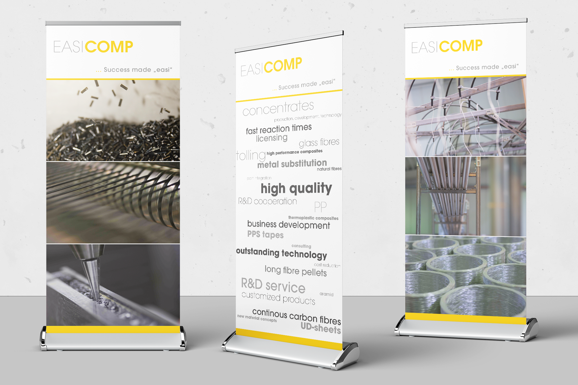 Drei aufgestellte RollUps für die EASICOMP GmbH aus Sembach bei Kaiserslautern. Entwickelt für die Messeauftritte.